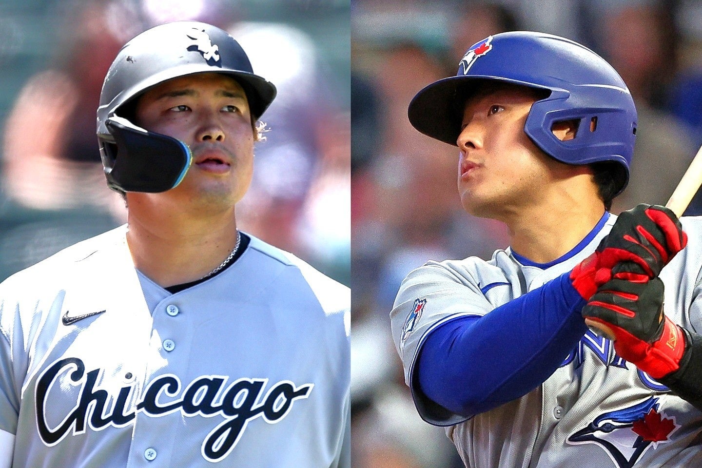 新人王模擬投票でア・リーグ１位となった村上（左）と４位の岡本（右）。(C)Getty Images