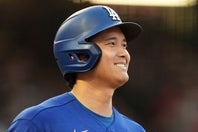 古巣エンジェルス戦で５打数１安打だった大谷翔平。第３打席でメジャー通算200本目の二塁打を放った。(C)Getty Images