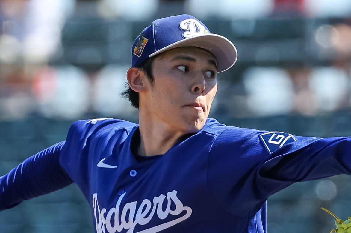 エンジェルス戦に先発登板したドジャースの佐々木。(C)Getty Images