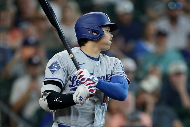 パドレス戦で先頭打者本塁打を放ったドジャースの大谷。(C)Getty Images
