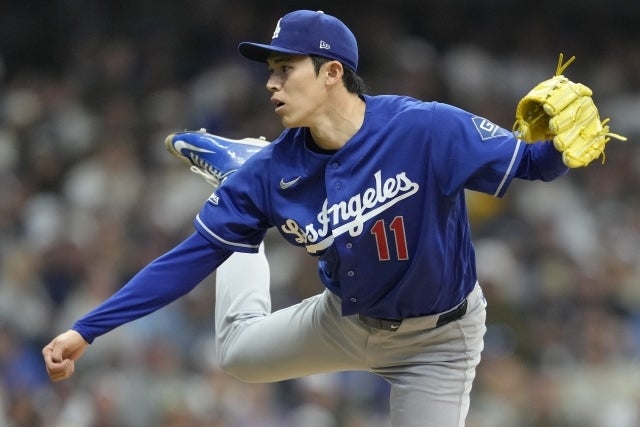 ブルワーズ戦に先発登板したドジャースの佐々木。(C)Getty Images
