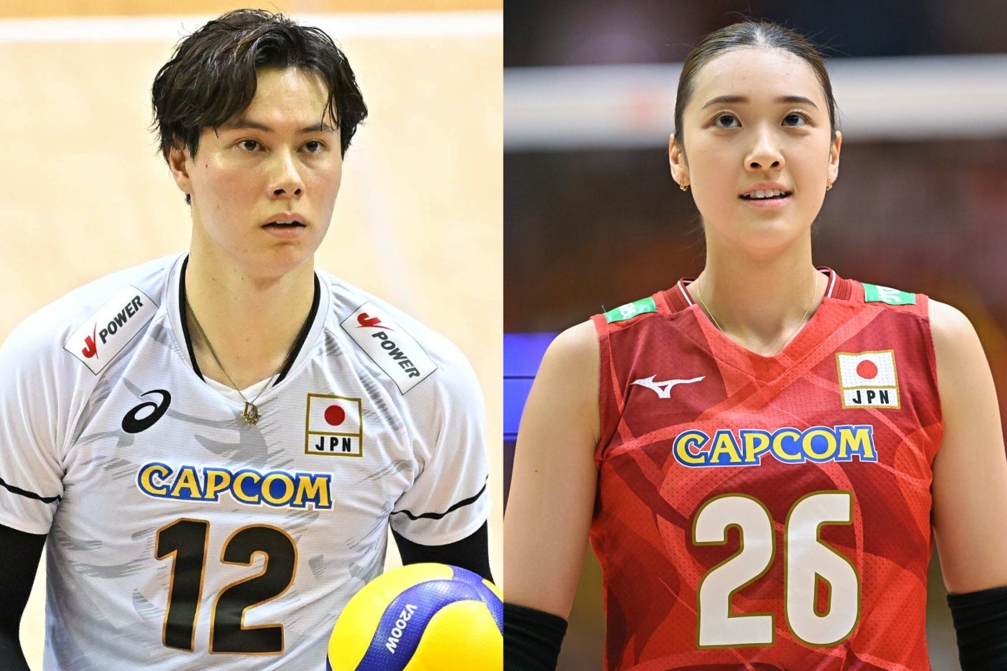 バレーボール男子日本代表の高橋藍（左）、女子日本代表の佐藤淑乃（右）。写真：金子拓弥（THE DIGEST写真部）