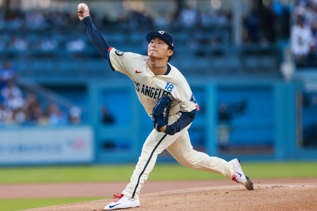 エンジェルス戦に先発登板したドジャースの山本。(C)Getty Images