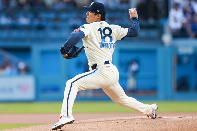 エンジェルス戦で快投を披露したドジャースの山本。(C)Getty Images