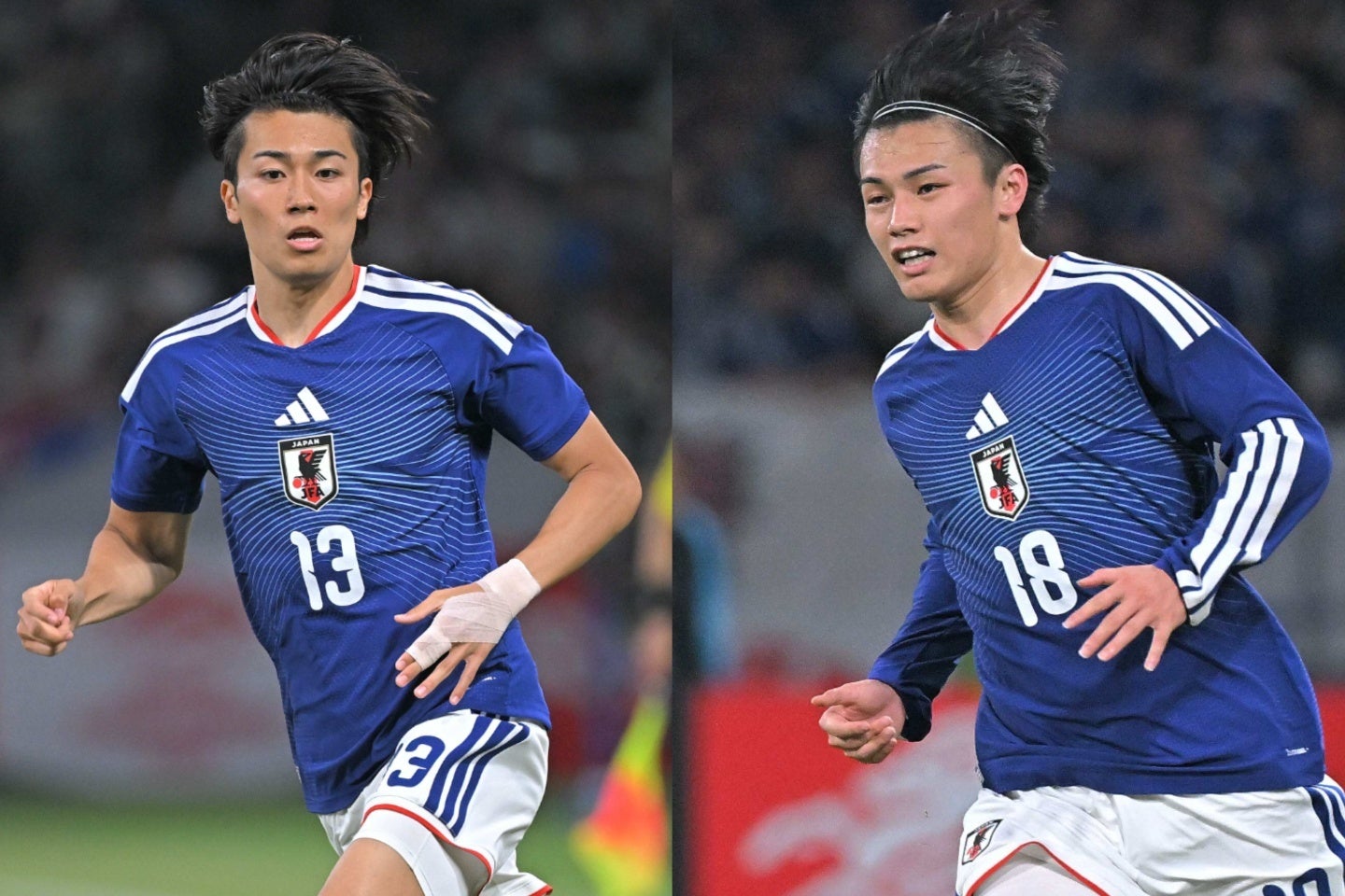 W杯日本代表の中村（左）と上田（右）。写真：金子拓弥（THE DIGEST写真部）