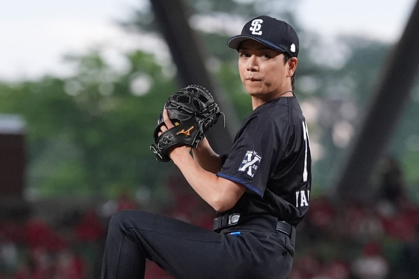 セレモニアルピッチで豪快なピッチングを披露した山崎さん。写真：球団提供