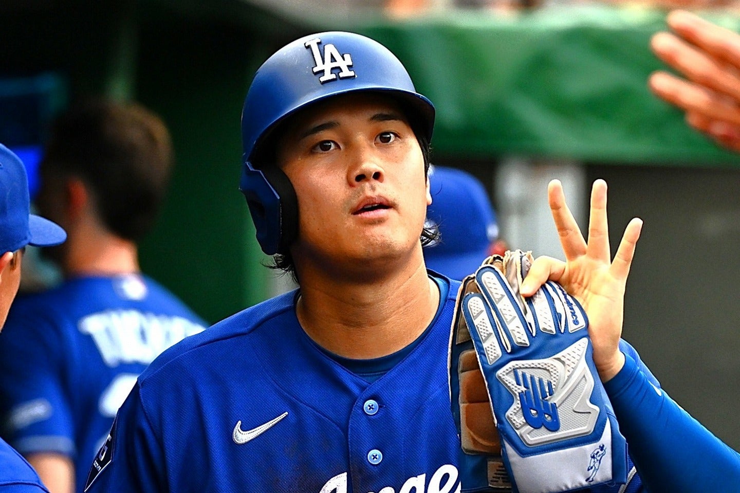 今季13号ソロホームランでドジャースに先制点をもたらした大谷。(C) Getty Images