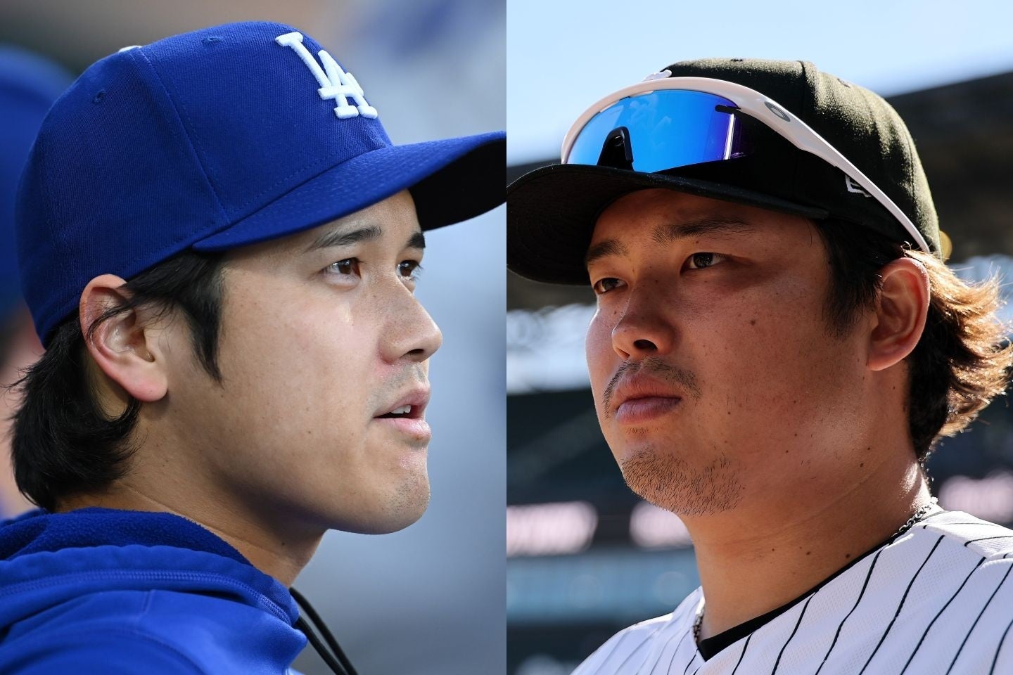 ベンチ越しにジェスチャーで交流した大谷と村上。(C) Getty Images