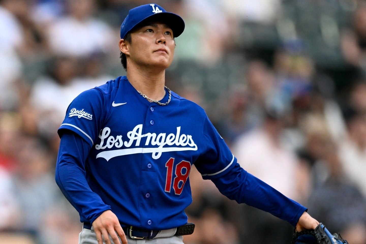 山本は９回にソロ被弾を浴び、ノーノーが途切れた。(C) Getty Images