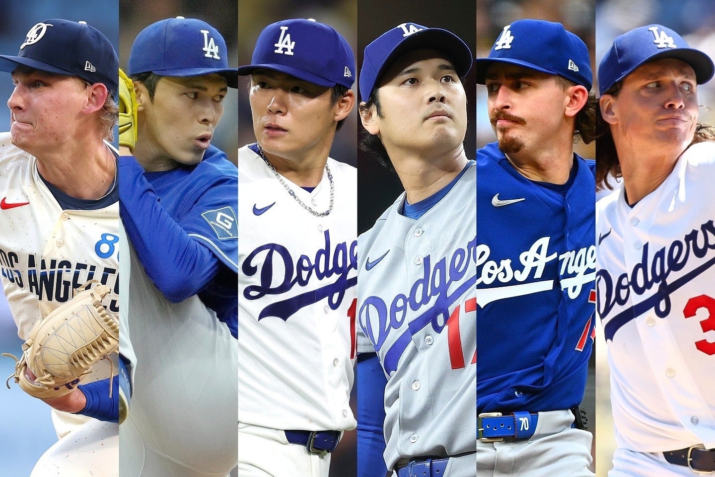 今季QSを複数回達成しているドジャースの先発投手陣。左からシーハン、佐々木、山本、大谷、ロブレスキー、グラスノー。(C)Getty Images