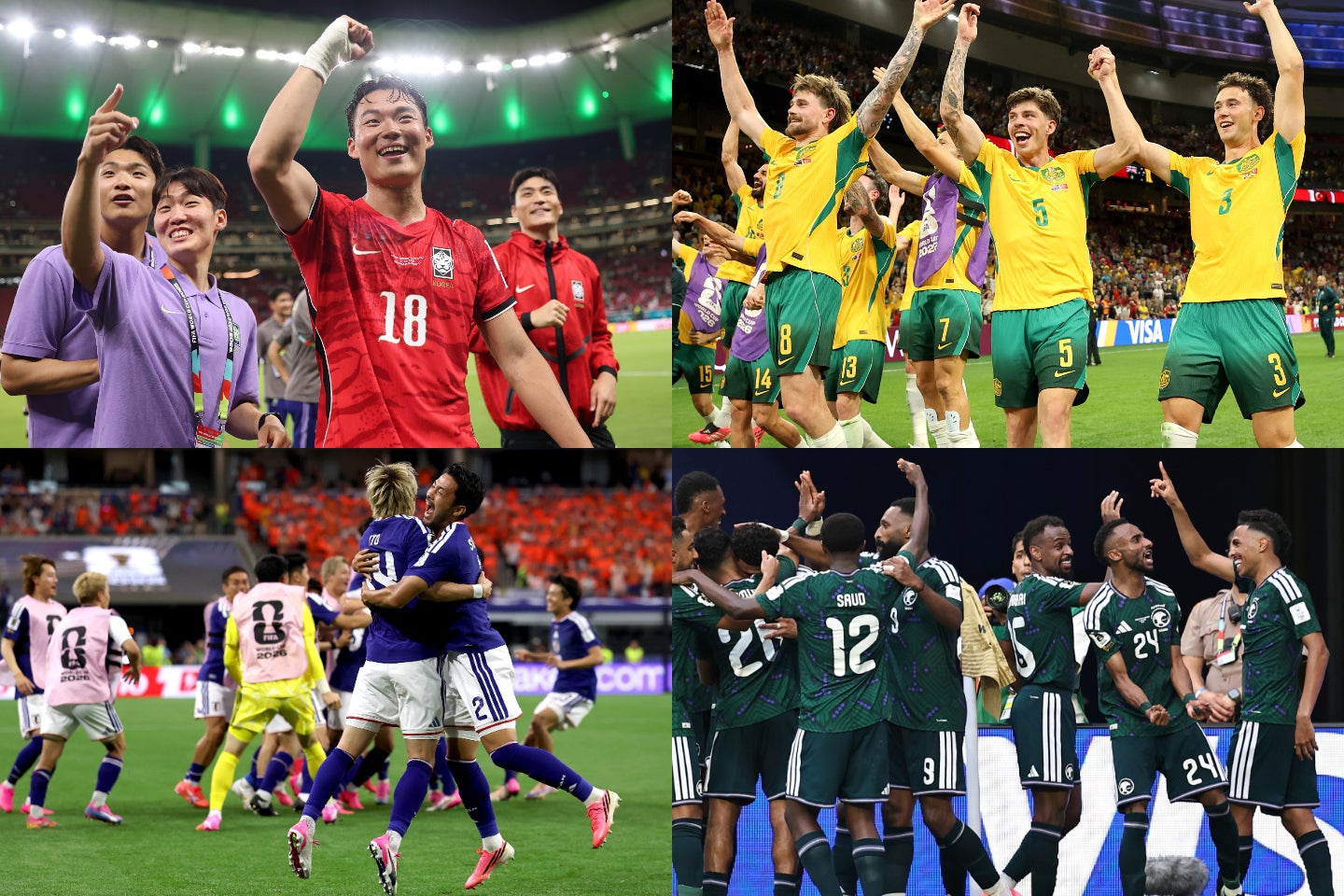 韓国（左上）とオーストラリア（右上）が欧州勢に勝ち、日本（左下）はオランダとドロー。サウジアラビア（右下）もウルグアイと引き分けた。(C)Getty Images