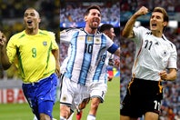 アルジェリア戦でハットトリック。W杯通算得点数を16としたメッシ（中）が、13点で並んでいたフォンテーヌ、14点のミュラー、15点のロナウド（左）を抜いて、トップのクローゼ（右）に並んだ。(C)Getty Images