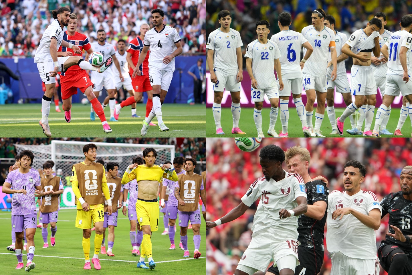 イラク（左上）がノルウェーに、ウズベキスタン（右上）はコロンビアに敗戦。韓国（左下）は開催国メキシコ相手に惜敗し、カタール（右下）は開催国カナダに大敗した。(C)Getty Images