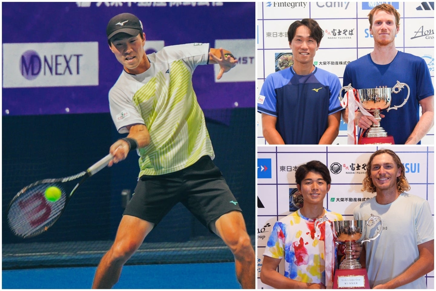 写真左＝「UCHIYAMA CUP」でシングルス準優勝だった今村昌倫。右上＝今村と優勝のデラニー。右下＝ダブルス優勝の楠原悠介／パーセル。(C)UCHIYAMA CUP