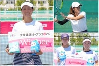 大東建託オープン札幌大会の第１週、シングルスを制した宮本愛弓（写真左＆右上）。ダブルス準優勝の川村茉那／大脇結衣（右下）。(C)Square Plus