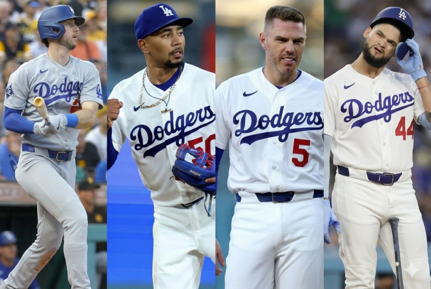 ドジャースの今季２番打者として起用された左からタッカー、ベッツ、フリーマン、パヘス。(C) Getty Images