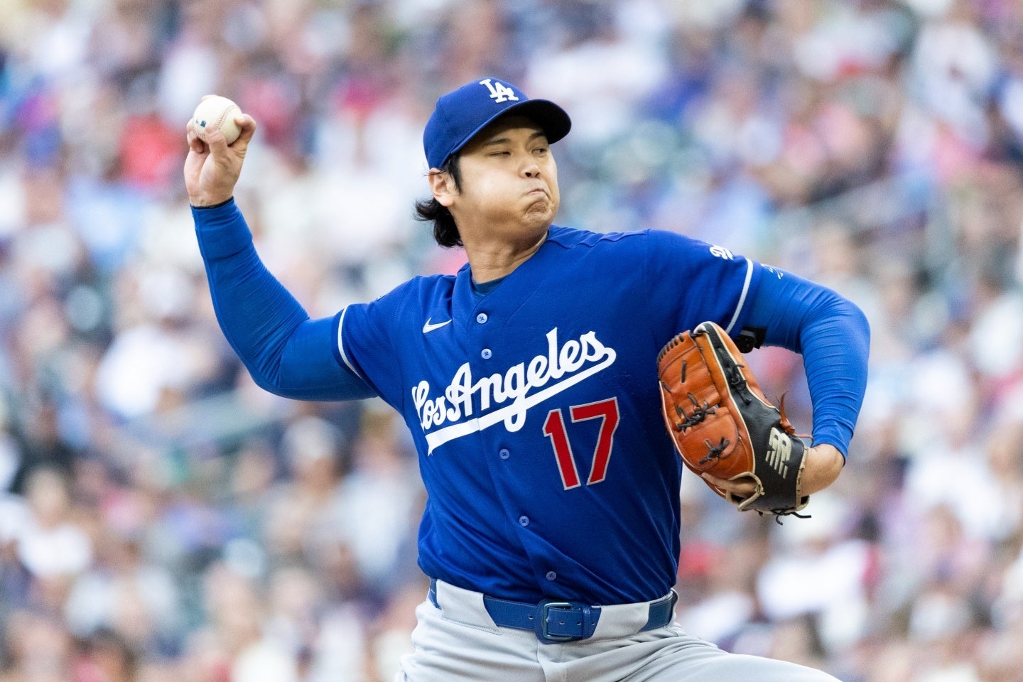 ツインズ戦に先発した大谷。８勝目を挙げたが捕手のラッシングとABSを巡り呼吸が合わない場面があった。(C)Getty Images