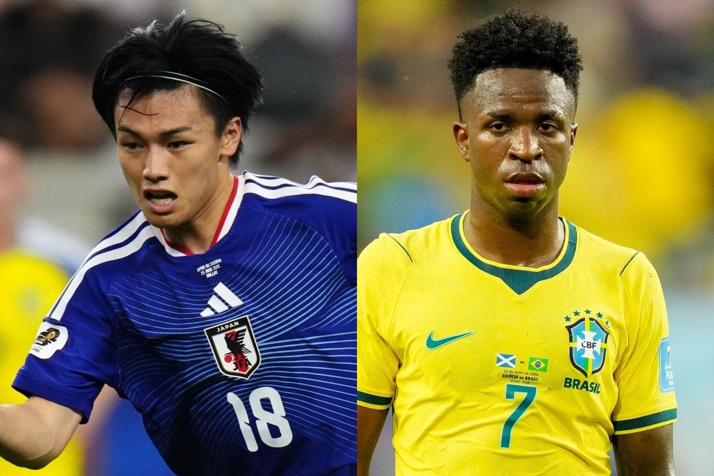 日本は決勝トーナメント１回戦でブラジルと激突する。写真は上田綺世とヴィニシウス・ジュニオール。(C) Getty Images