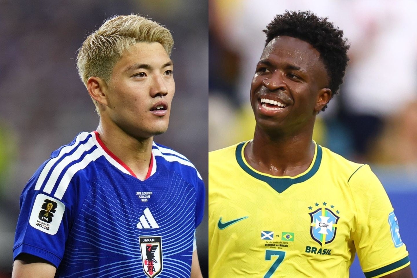 決勝トーナメント１回戦で日本はブラジルと激突。写真は堂安（左）とヴィニシウス。(C) Getty Images