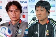 GS敗退の韓国ホン・ミョンボ監督（左）。決勝T進出を決めた日本代表の森保一監督（右）。写真：Getty Images、金子拓弥（ THE DIGEST写真部／JMPA代表撮影）