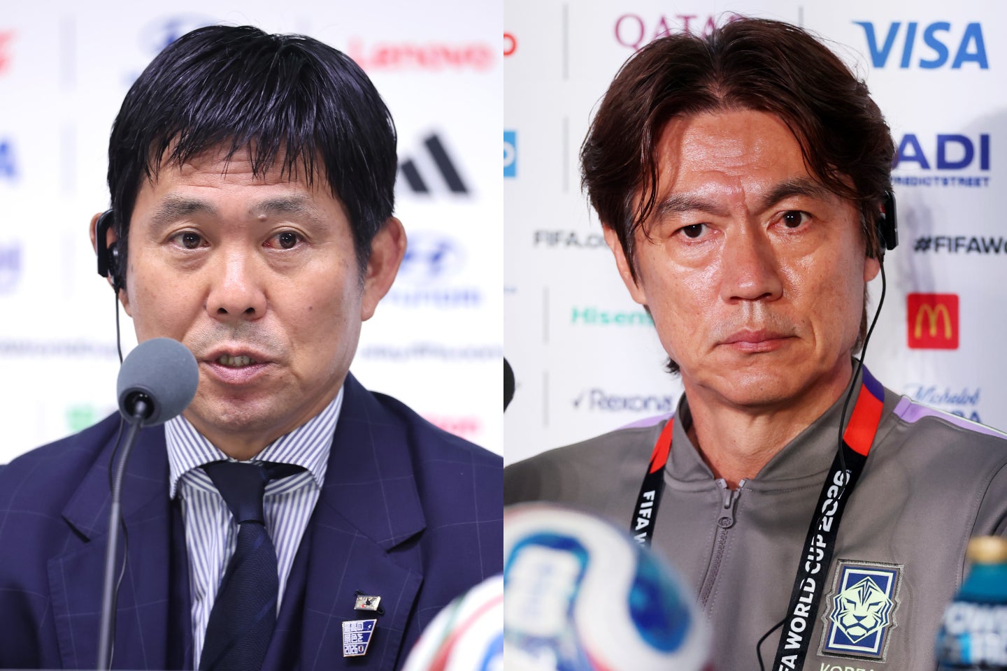 日本代表の森保一監督（左）と韓国のホン・ミョンボ前監督（右）。(C)Getty Images