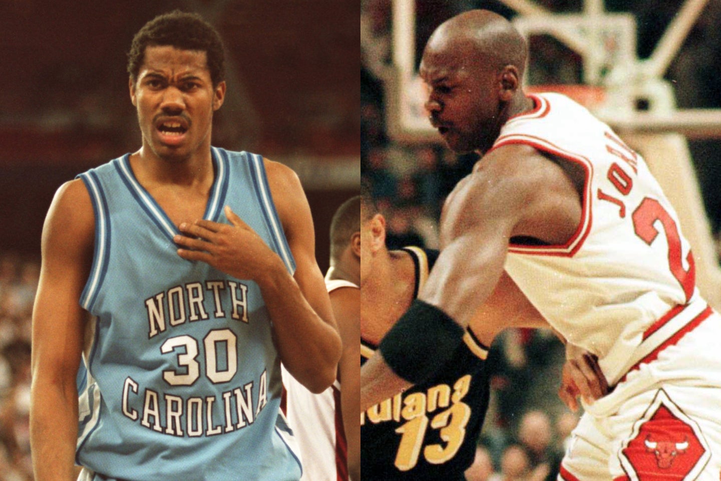 ノースカロライナ大の後輩であるウォーレス(左)がジョーダン(右)とのNBA初対戦を振り返った。(C)Getty Images