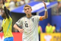 堂安はゲーム主将として攻守でアグレッシブなプレーでけん引した。写真：金子拓弥（THE DIGEST写真部／JMPA代表撮影）