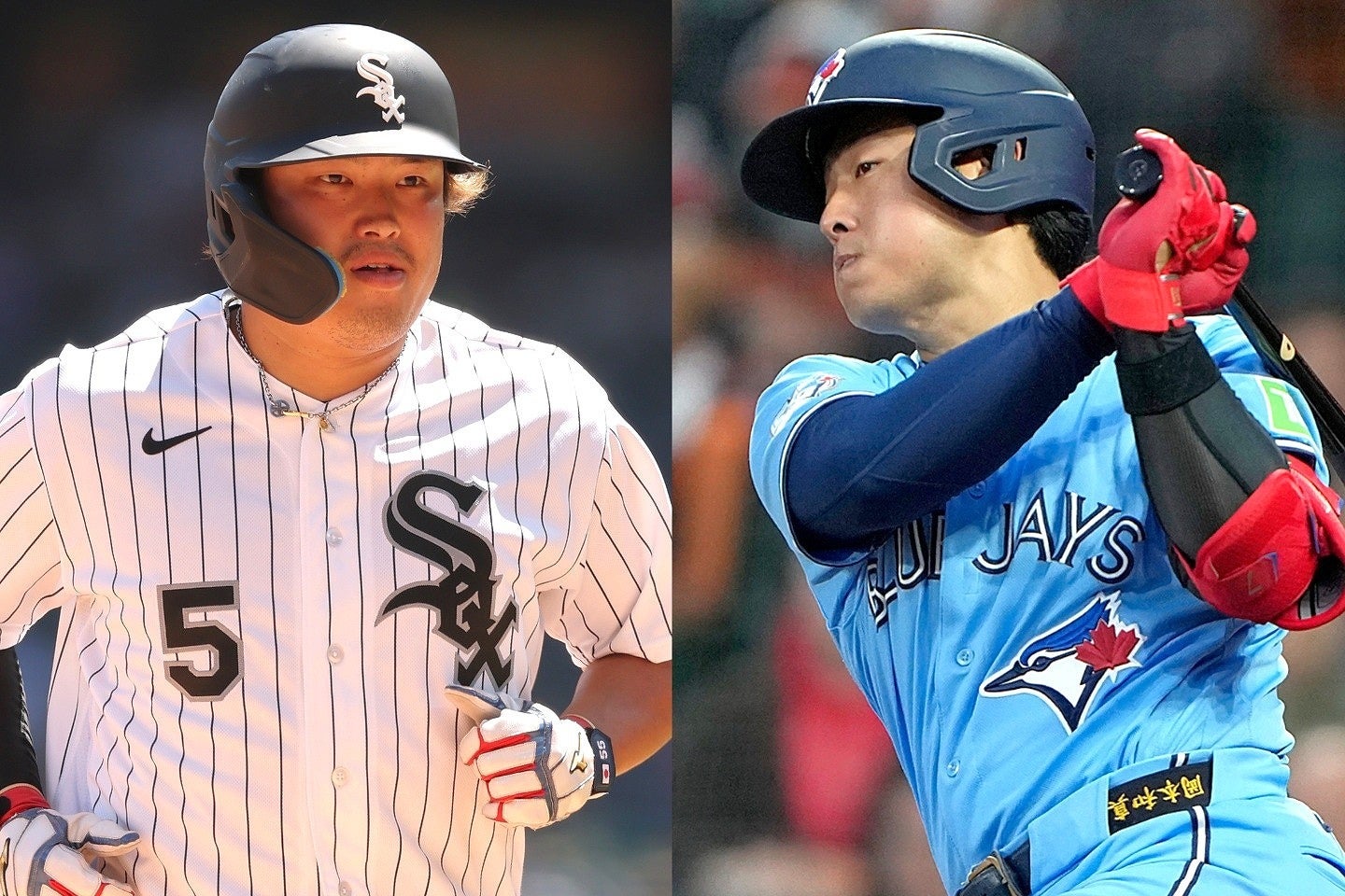 最新の新人王投票でリーグ２位に入った村上（左）と４位の岡本（右）。(C)Getty Images