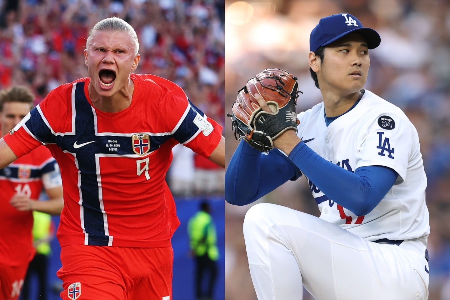 ノルウェー代表FWのハーランド（左）とドジャースの大谷翔平（右）。２人の共通点がSNS上で沸いている。(C)Getty Images