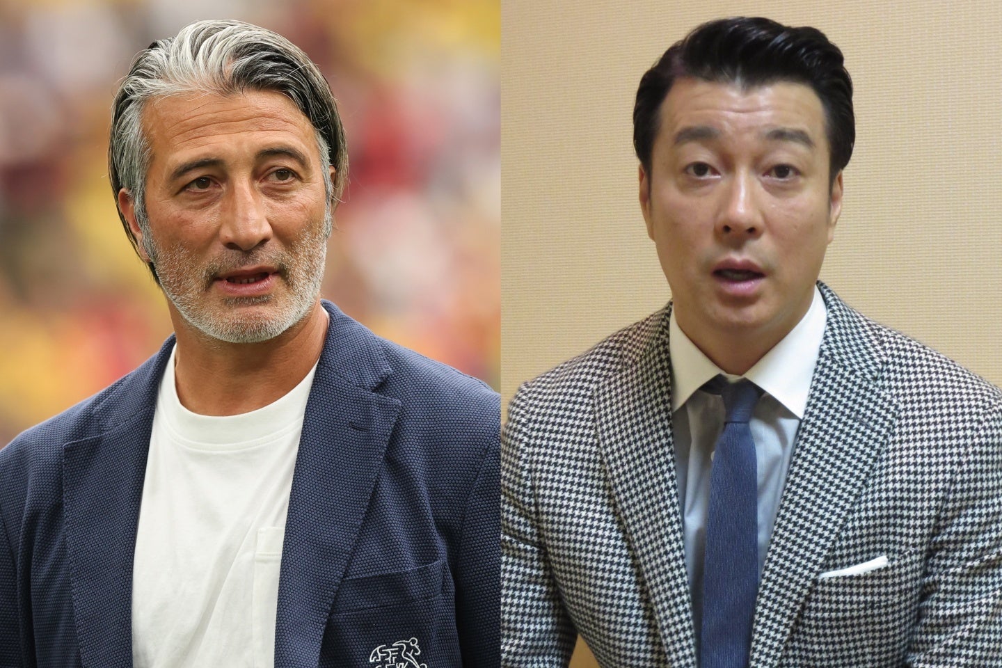 左はスイス代表のヤキン監督。右は極楽とんぼの加藤浩次さん。写真：産経新聞社、Getty Images