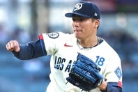 Dバックス戦に先発登板し、６回６失点に終わったドジャースの山本。(C)Getty Images