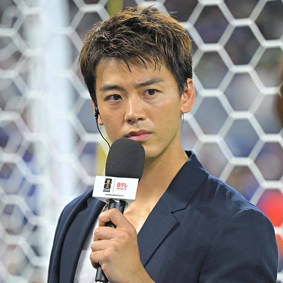 日本テレビでFIFAワールドカップのスペシャルナビゲーターを務めた竹内涼真。写真：金子拓弥（サッカーダイジェスト写真部／JMPA代表撮影）