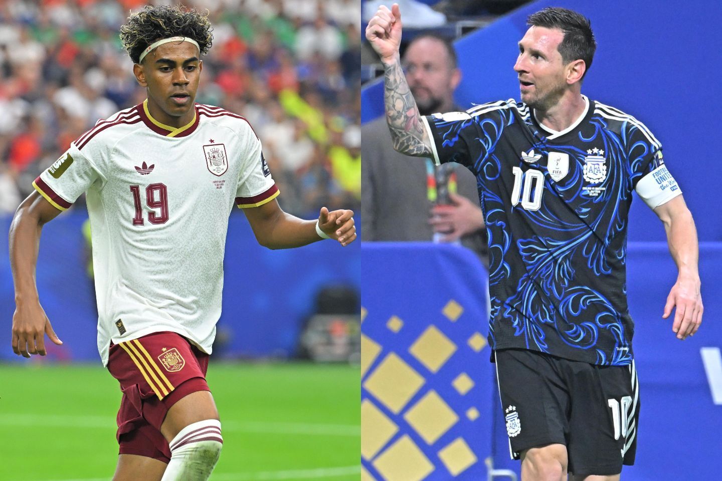 W杯決勝で対戦するスペイン代表のヤマル（左）とアルゼンチン代表のメッシ（左）。写真：金子拓弥（THE DIGEST写真部／JMPA代表撮影）