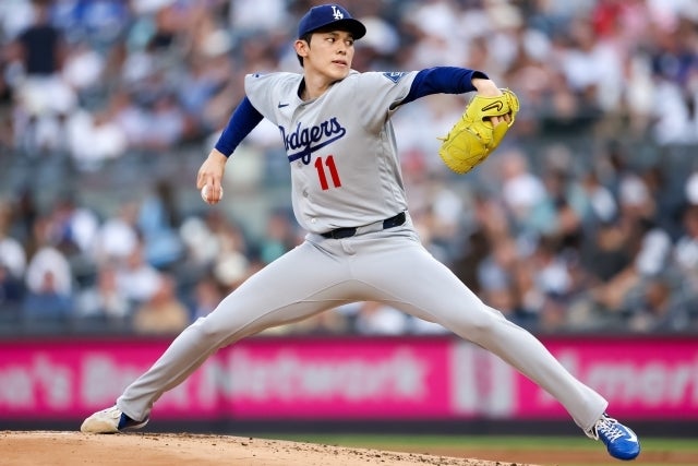 ヤンキース戦に先発登板したドジャースの佐々木。(C)Getty Images