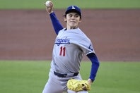 ヤンキース戦でMAX163.8キロをマークしたドジャースの佐々木。(C)Getty Images