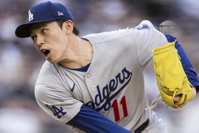 ヤンキース戦に先発し、５回２／３を１失点だったドジャースの佐々木。(C)Getty Images