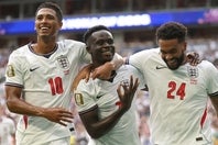 フランス戦でハットトリックを達成したイングランドのサカ（中央）。(C)Getty Images