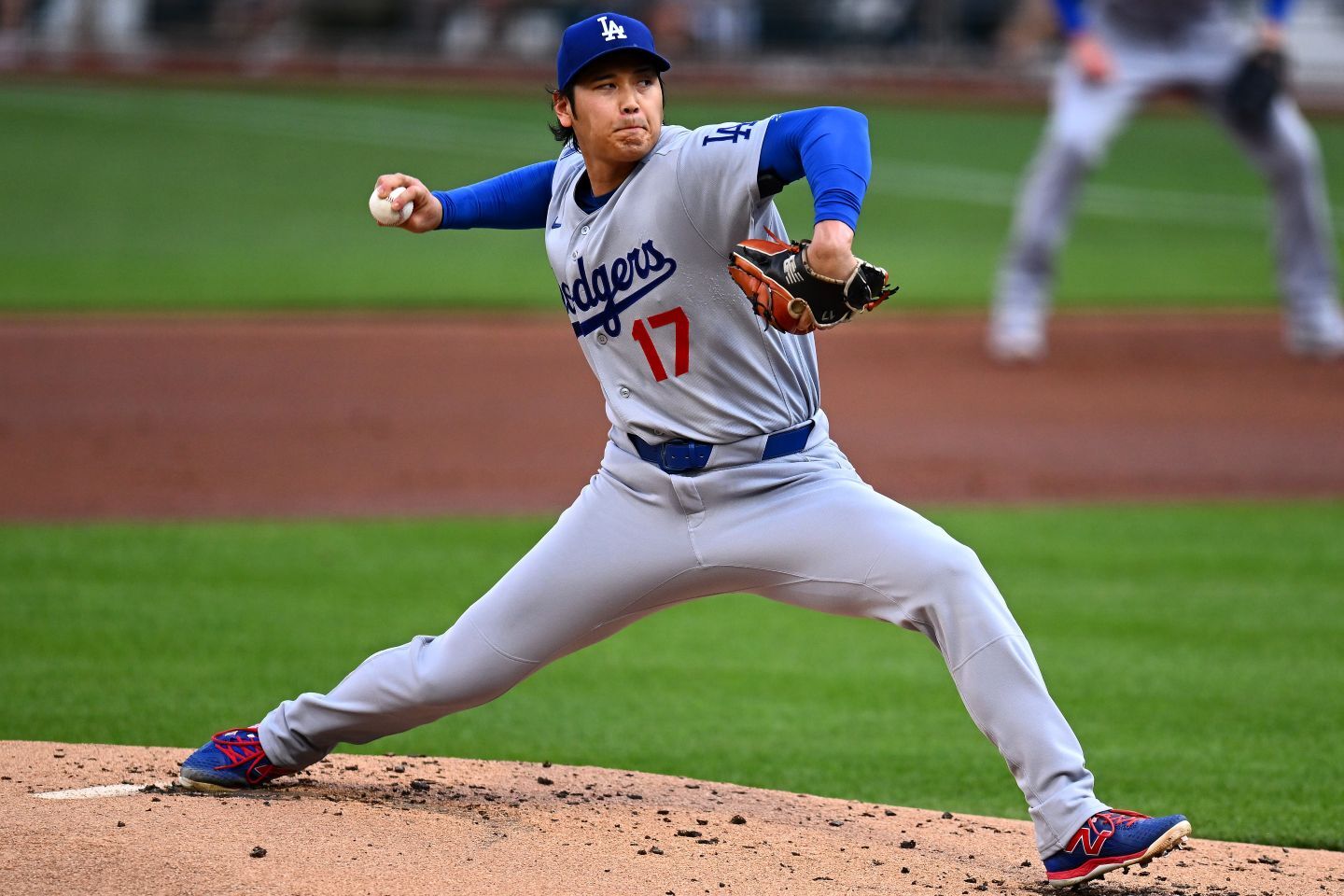 試合前にブルペン投球を行なったドジャースの大谷。(C) Getty Images