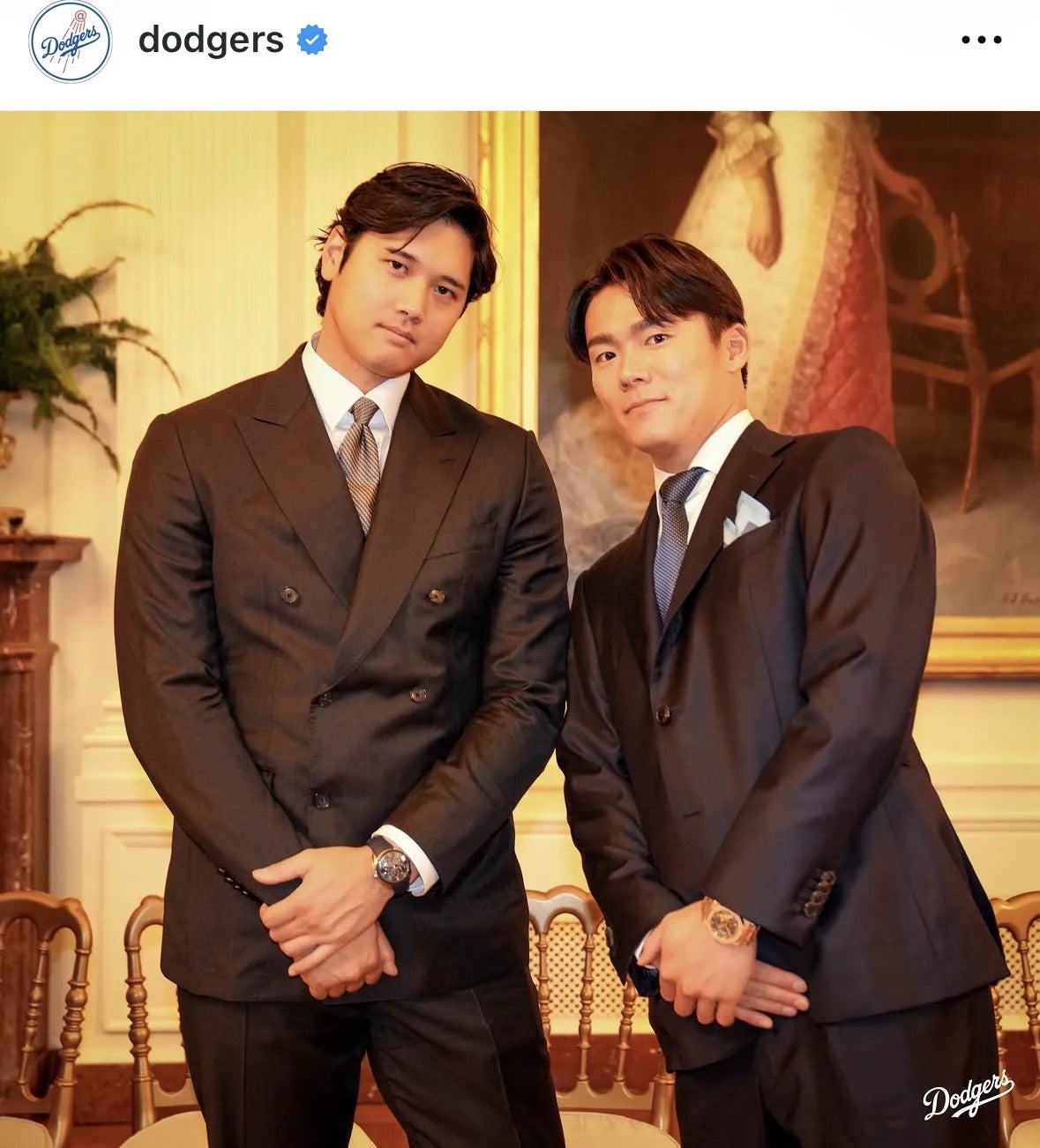 ホワイトハウスを訪問したドジャースの大谷と山本。写真：球団公式SNSのスクリーンショット（@ Dodgers）