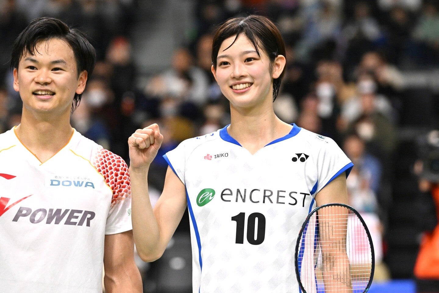 バドミントン女子の田口。人気と知名度が急上昇中だ。写真：鈴木颯太朗