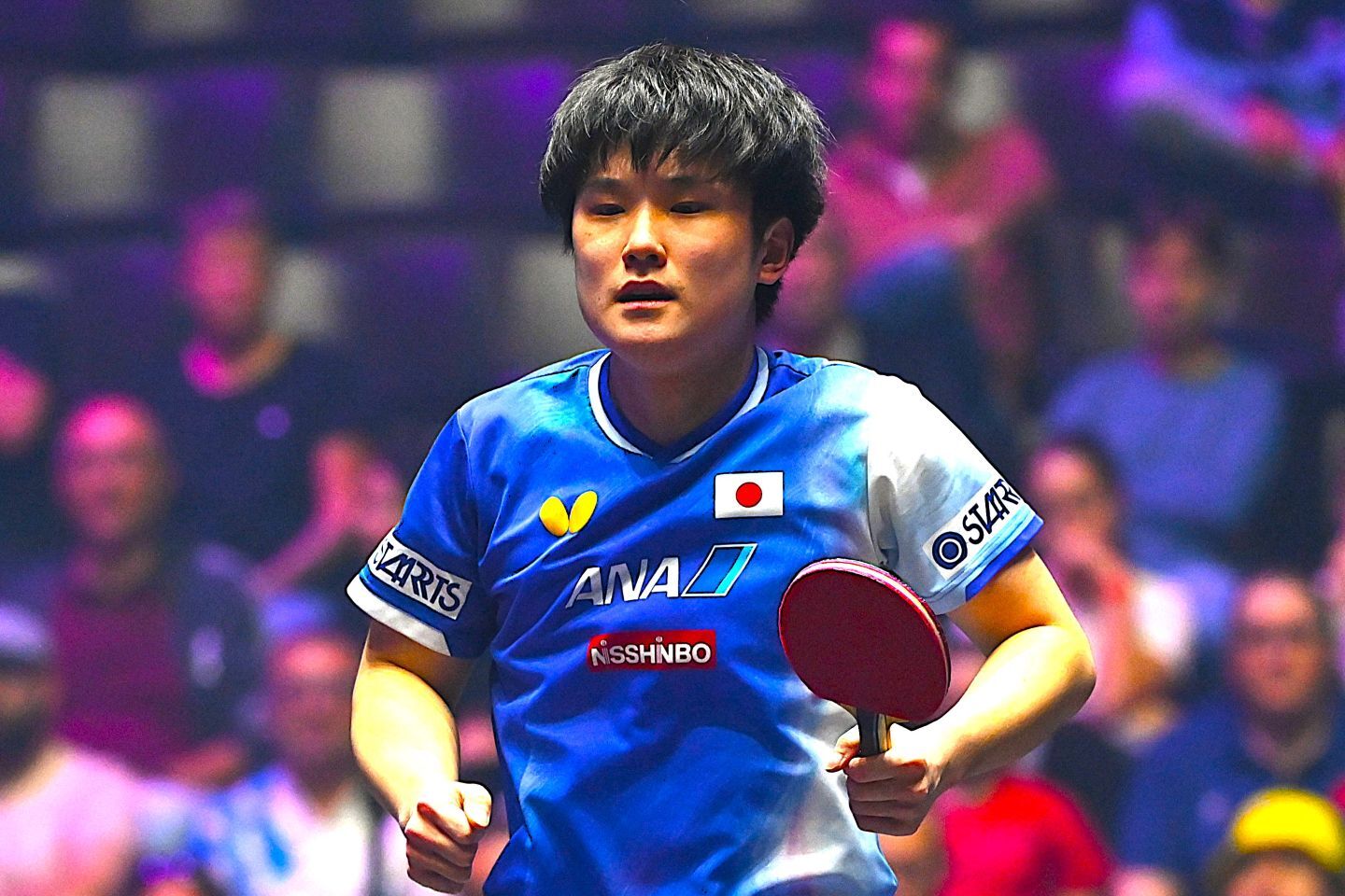 ルブラン兄弟の兄アレクシスを破り４強入りした張本。準決勝では松島と対戦する。(C) Getty Images
