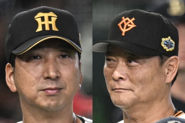 11日から東京ドームで相まみえる（左から）阪神の藤川球児監督と巨人の橋上秀樹監督代行。写真：鈴木颯太朗