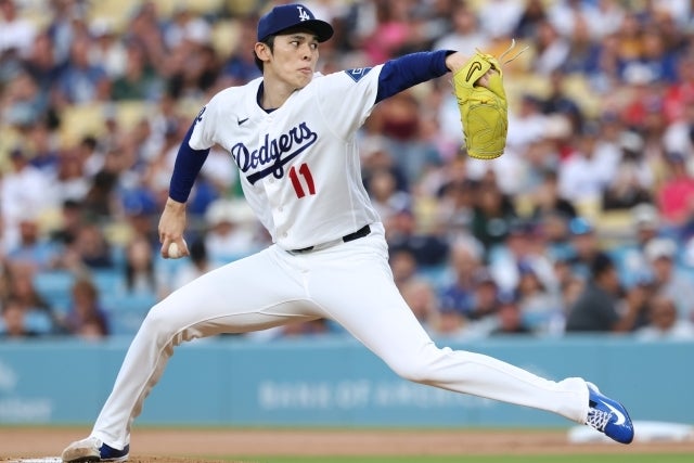 ブルワーズ戦で先発登板したドジャースの佐々木。(C)Getty Images