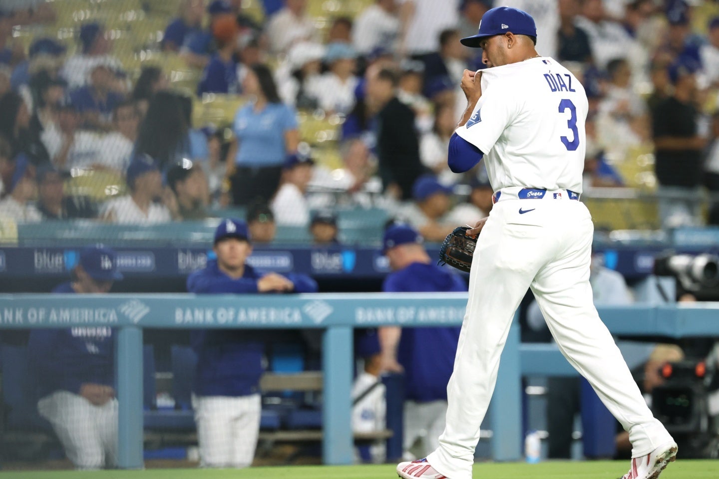 ドジャースのディアズ。２点リードを守れず同点を許した。(C)Getty Images