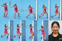まず右足を決め（２コマ目）、左足をスクエアにステップイン（３）。ボールを前で捉えたら（５）、押してから振り上げる（６～７）。西村佳世選手のフォアが重くて速い理由はこれだ。(C)THE DIGEST