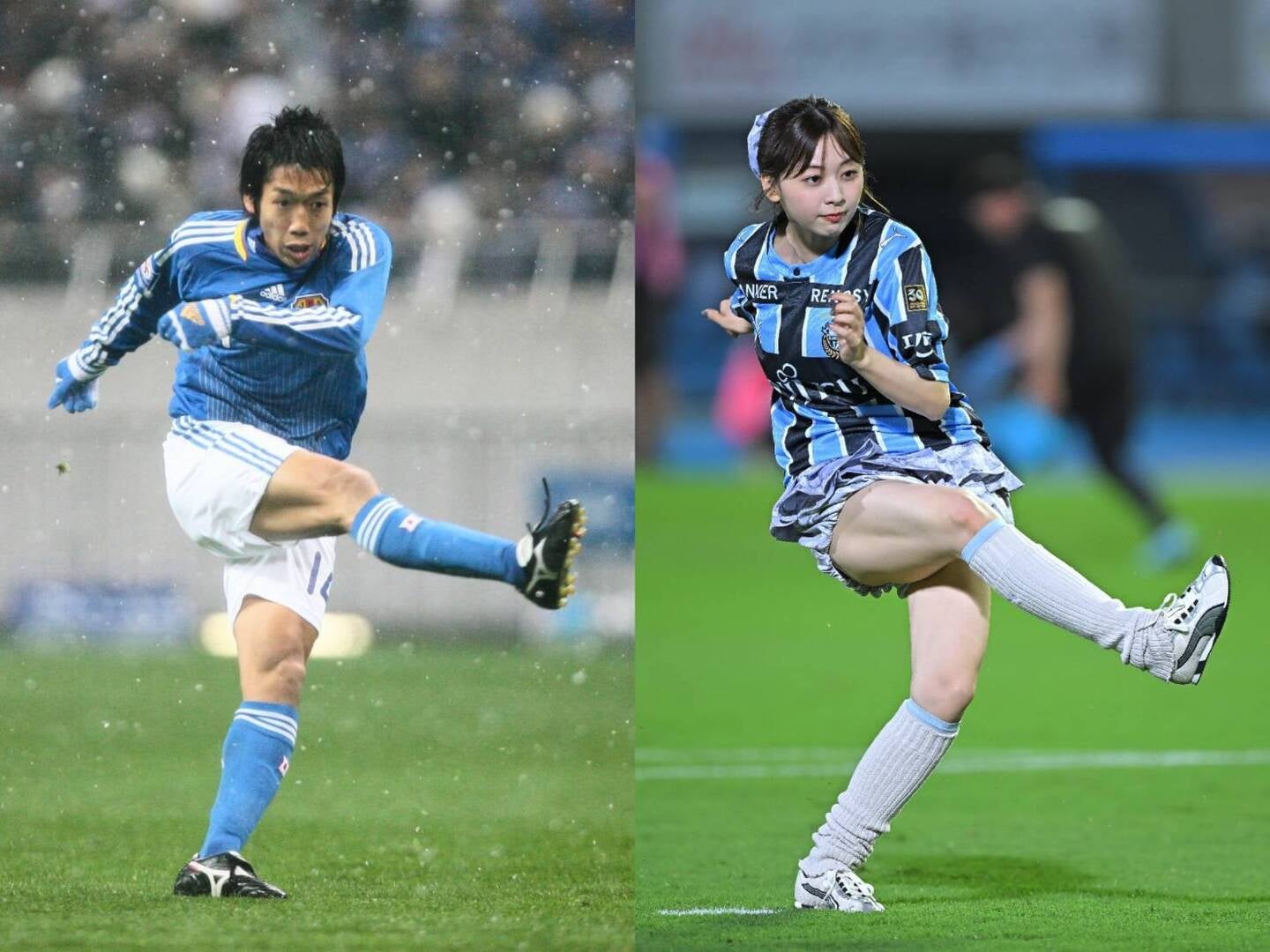 元川崎Fの中村憲剛（左）と富田鈴花（右）さん。(C)THE DIGEST