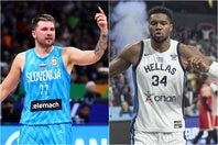 ドンチッチ(左)のスロベニアとアデトクンボ(右)のギリシャは、現在Ｗ杯出場圏外にいる。(C)Getty Images