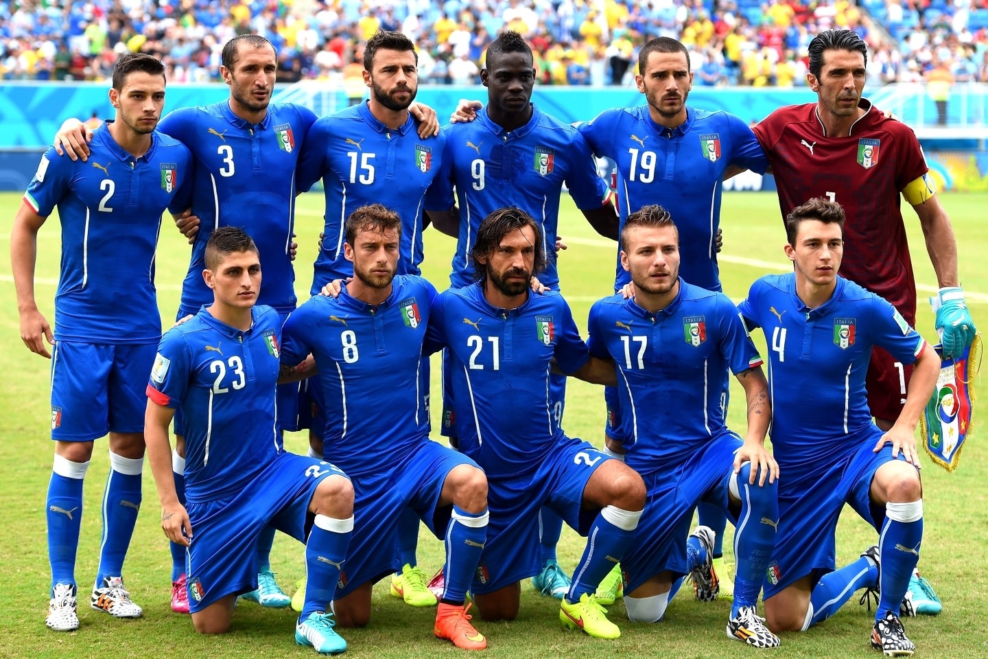 イタリア代表が最後にW杯を戦ったのは2014年ブラジル大会のグループステージ第３戦。ダルミアン（前列右端）がインテルを退団し、ペリン（控えGK）がユベントスからセリエBのパレルモに移籍したことで、今シーズンのセリエAには“W杯を経験”したイタリア人が１人もいなくなった。(C)Getty Images