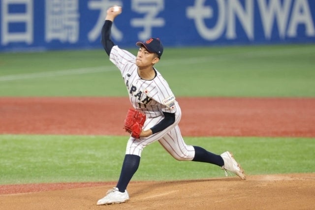 大学日本代表との壮行試合で先発したU-18日本代表の織田。写真：梅月智史（THE DIGEST写真部）