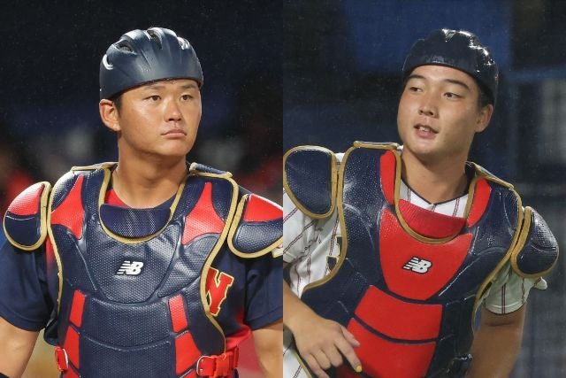 ともに４番・キャッチャーでスタメン出場した（左から）大学選抜の渡部とU-18日本代表の山田。写真：梅月智史（THE DIGEST写真部）